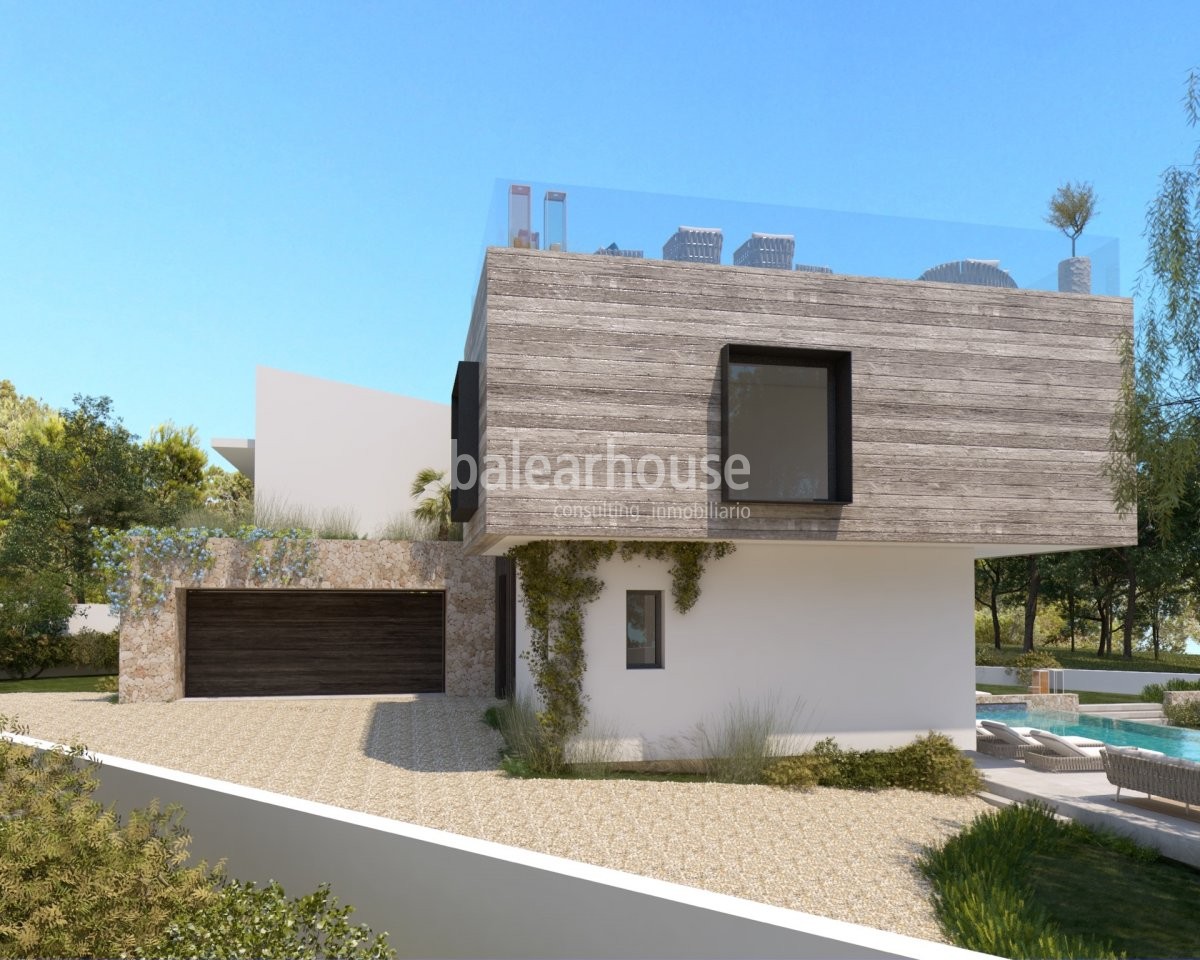 Neubauprojekt, das ein zeitgemäßes Haus mit Meerblick in Cala Falcó bietet