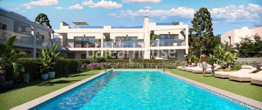 Excellent project of new townhouses with sea views, terraces and gardens in Cala Estancia.
