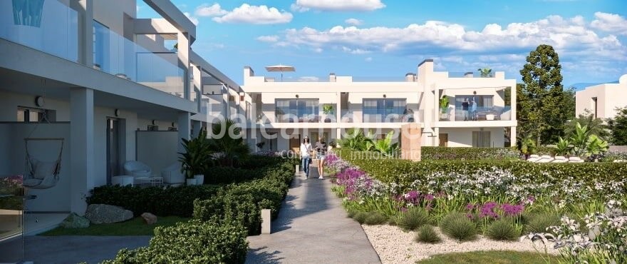 Excellent project of new townhouses with sea views, terraces and gardens in Cala Estancia.
