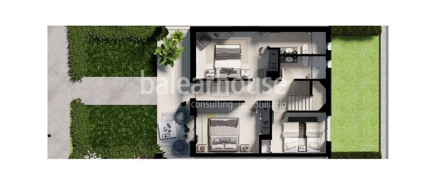 Ausgezeichnetes Projekt von neuen Reihenhäusern mit Meerblick, Terrassen und Gärten in Cala Estancia