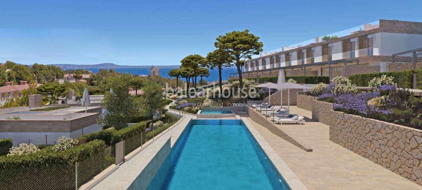 Modernas viviendas de obra nueva con vistas al mar, solárium, piscinas y jardines en Cala Vinyes