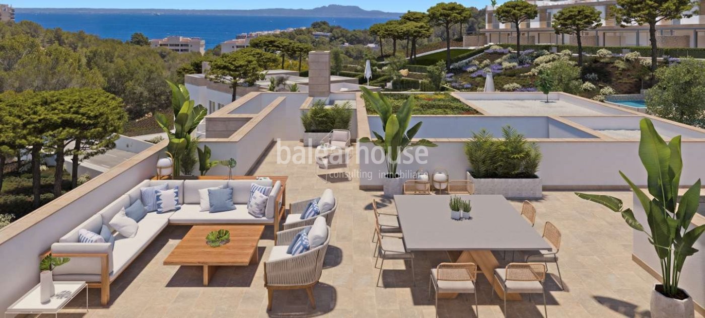 Modernas viviendas de obra nueva con vistas al mar, solárium, piscinas y jardines en Cala Vinyes