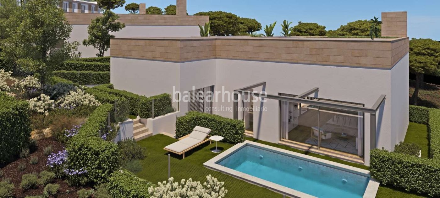 Moderne Neubau-Einfamilienhäuser mit Meerblick, Dachterrassen, Pools und Gärten in Cala Vinyes