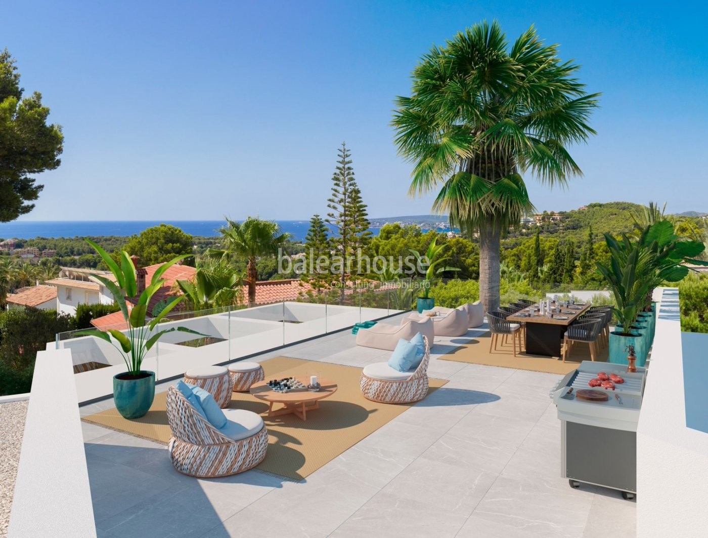 Design and light-filled spaces in this newly built villa with sea views in Cas Catalá.