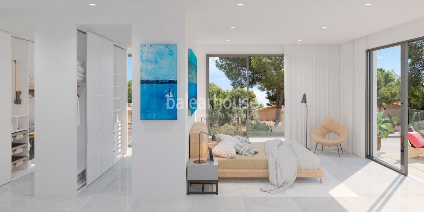 Design and light-filled spaces in this newly built villa with sea views in Cas Catalá.