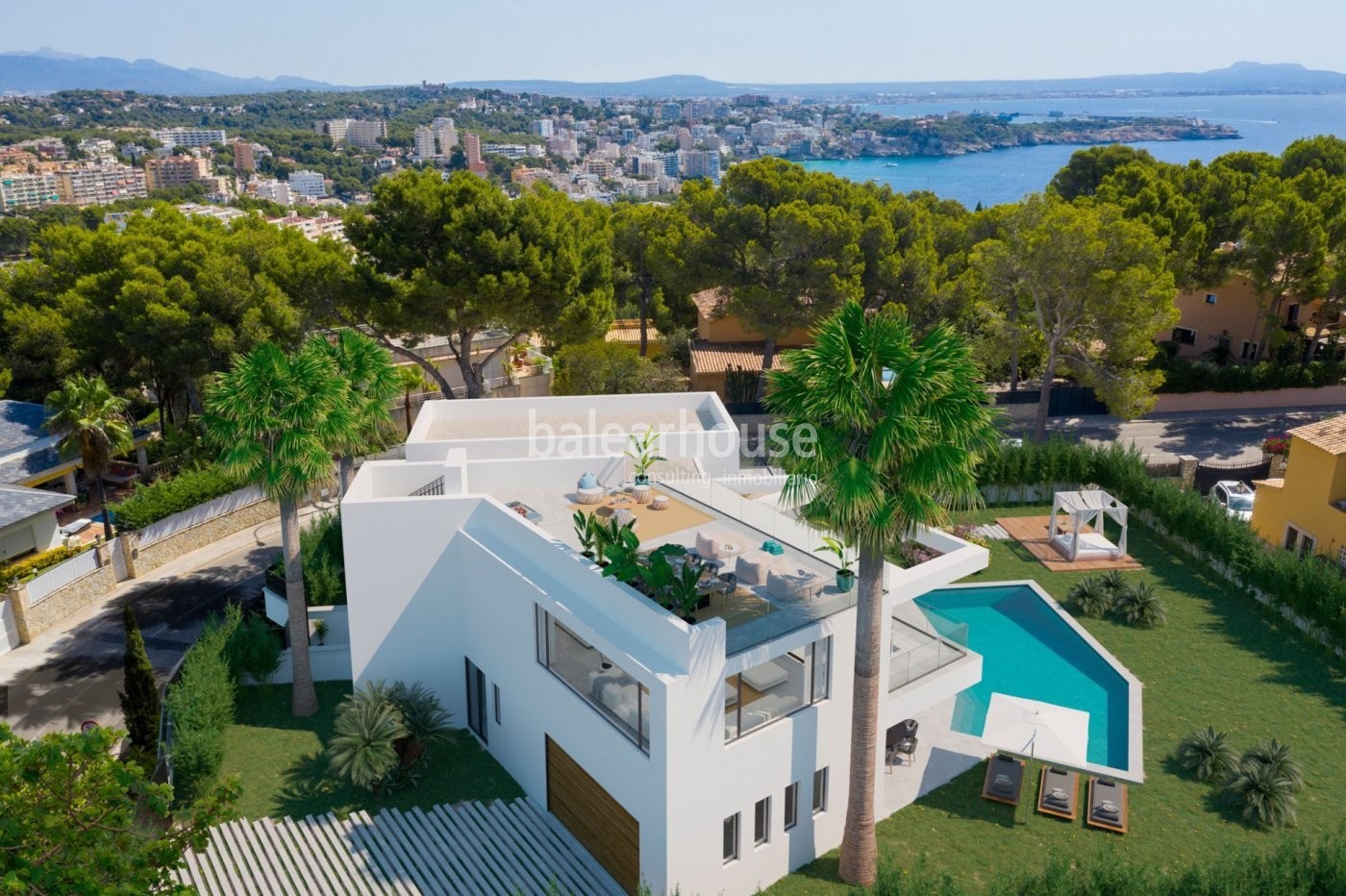 Design and light-filled spaces in this newly built villa with sea views in Cas Catalá.