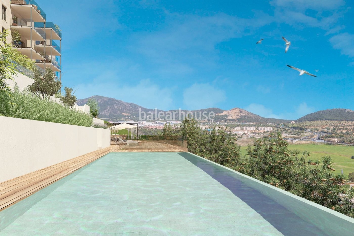 Modernas viviendas nuevas en Santa Ponsa con terrazas, jardín, piscina y vistas despejadas.