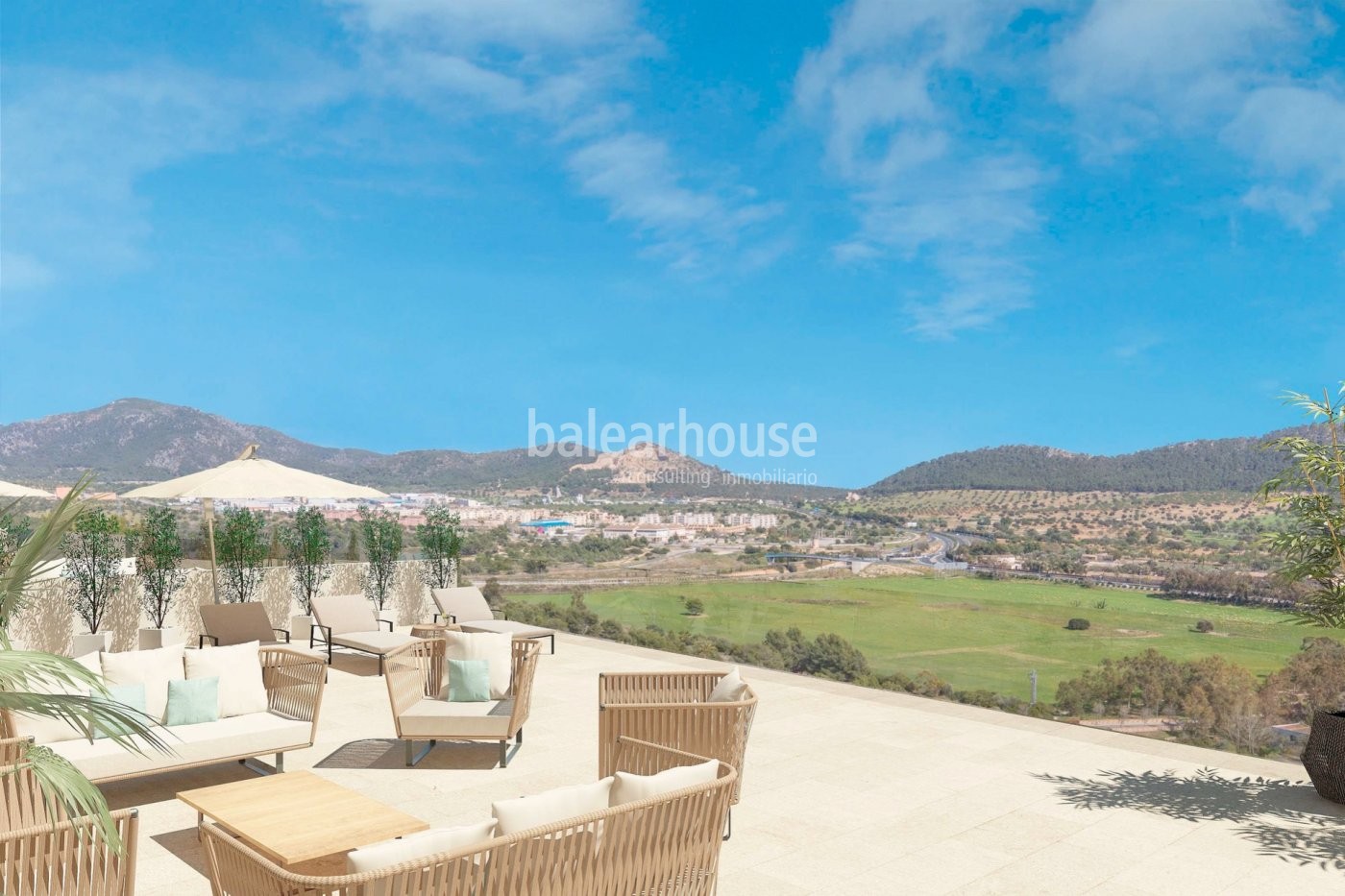 Modernas viviendas nuevas en Santa Ponsa con terrazas, jardín, piscina y vistas despejadas.