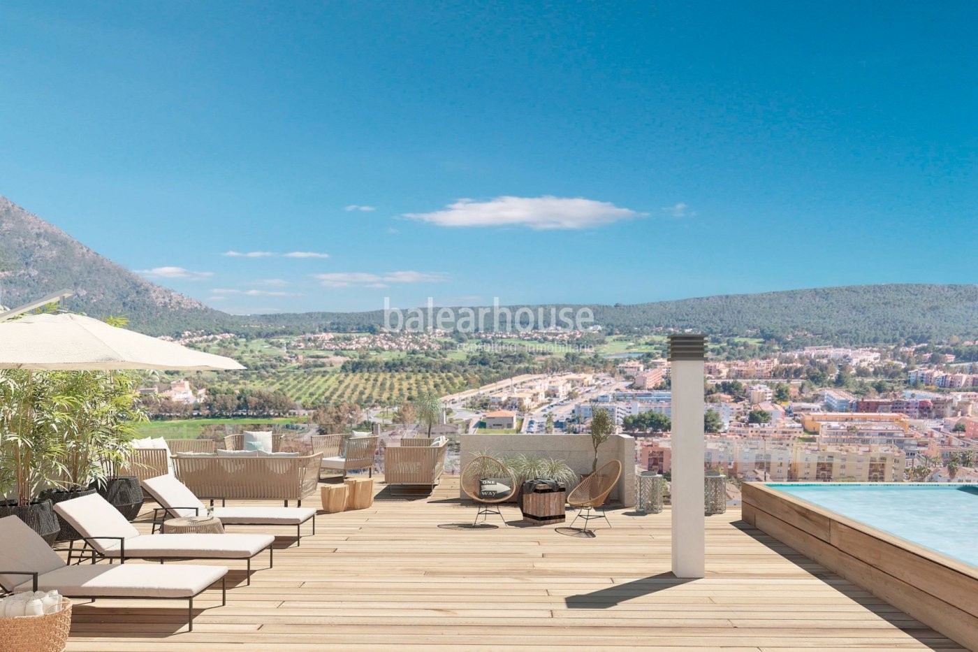 Modernas viviendas nuevas en Santa Ponsa con terrazas, jardín, piscina y vistas despejadas.