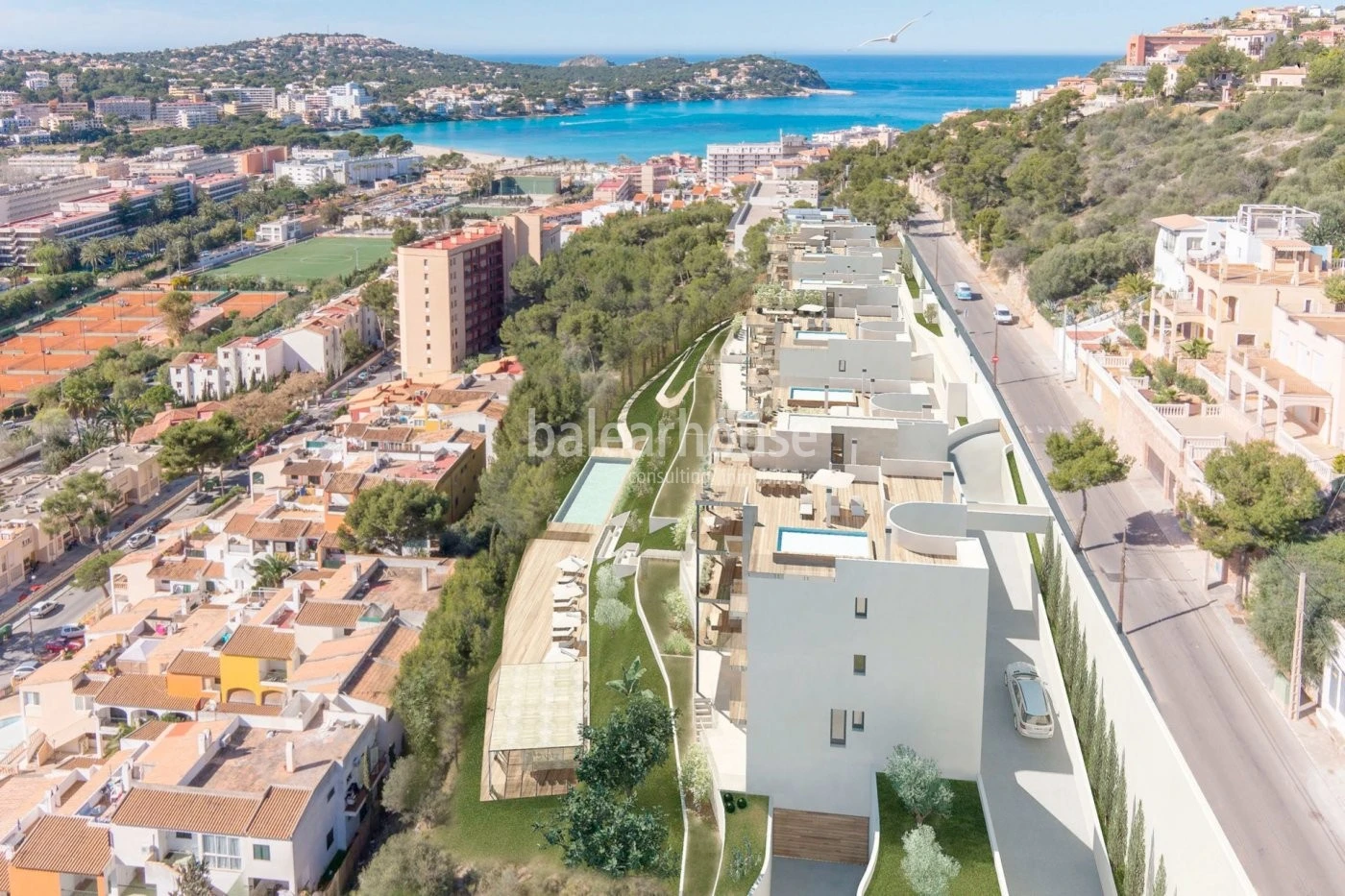 Modern new homes in Santa Ponsa with terraces, garden, swimming pool and unobstructed views.
