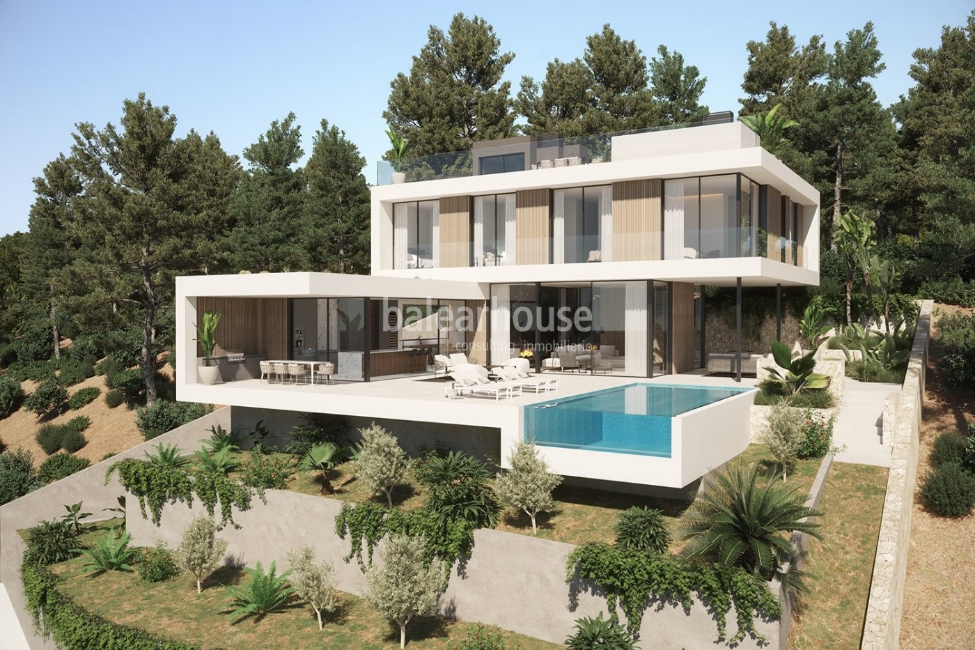 Villa de innovador diseño moderno con grandes espacios de terrazas y vistas al mar en Cala Llamp