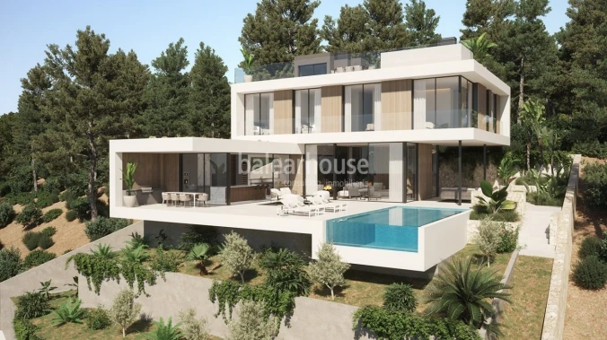 Villa in innovative modern design with large terrace areas and sea views in Cala Llamp