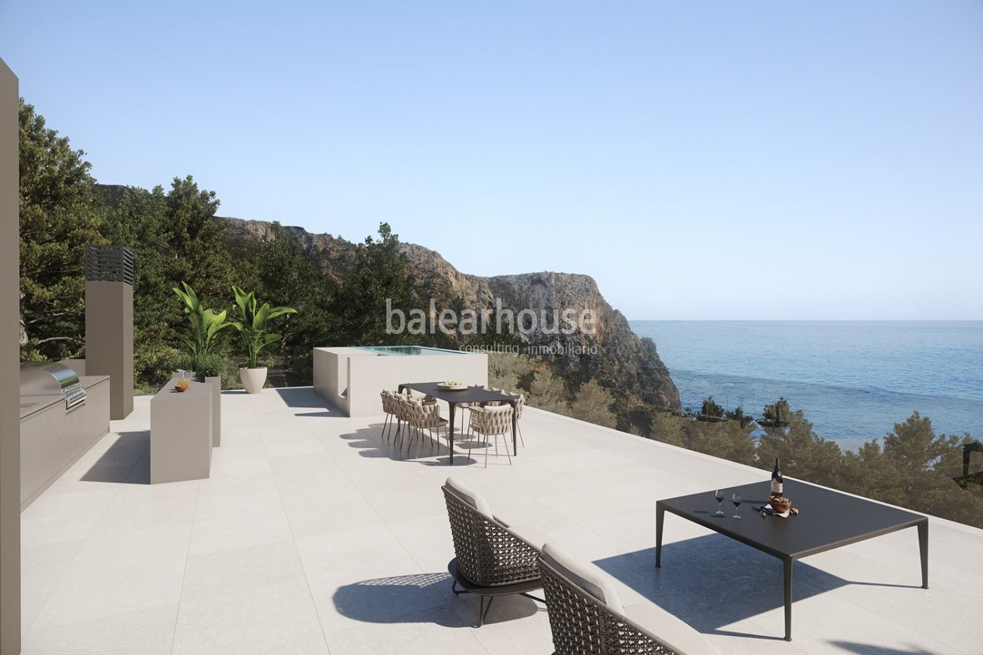 Villa de innovador diseño moderno con grandes espacios de terrazas y vistas al mar en Cala Llamp