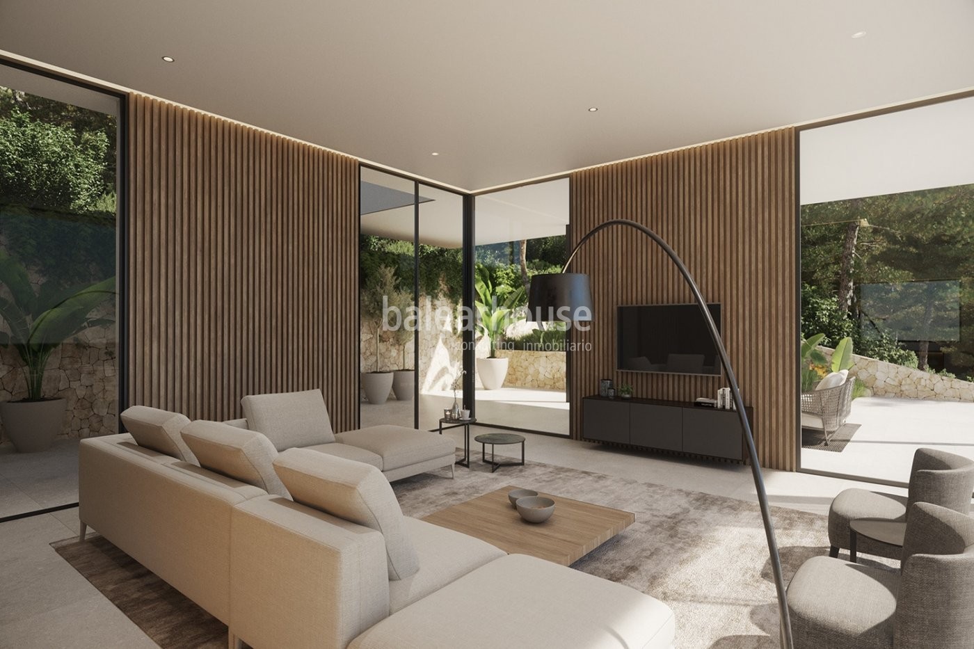 Villa de innovador diseño moderno con grandes espacios de terrazas y vistas al mar en Cala Llamp