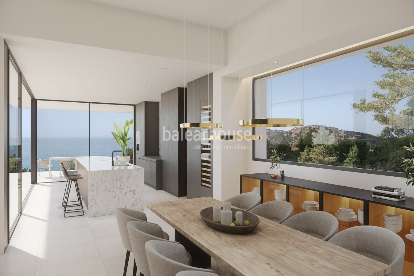 Villa de innovador diseño moderno con grandes espacios de terrazas y vistas al mar en Cala Llamp