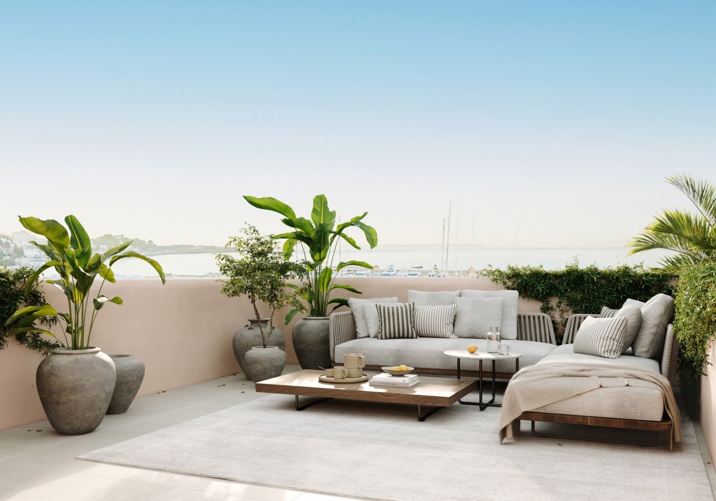 Moderno dúplex de obra nueva orientado al sur con jardín, piscina y solárium con vistas al mar.