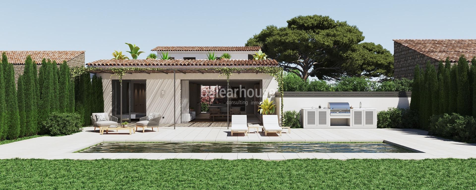 New project of modern finca in Establiments with swimming pool, garden and traditional elements.