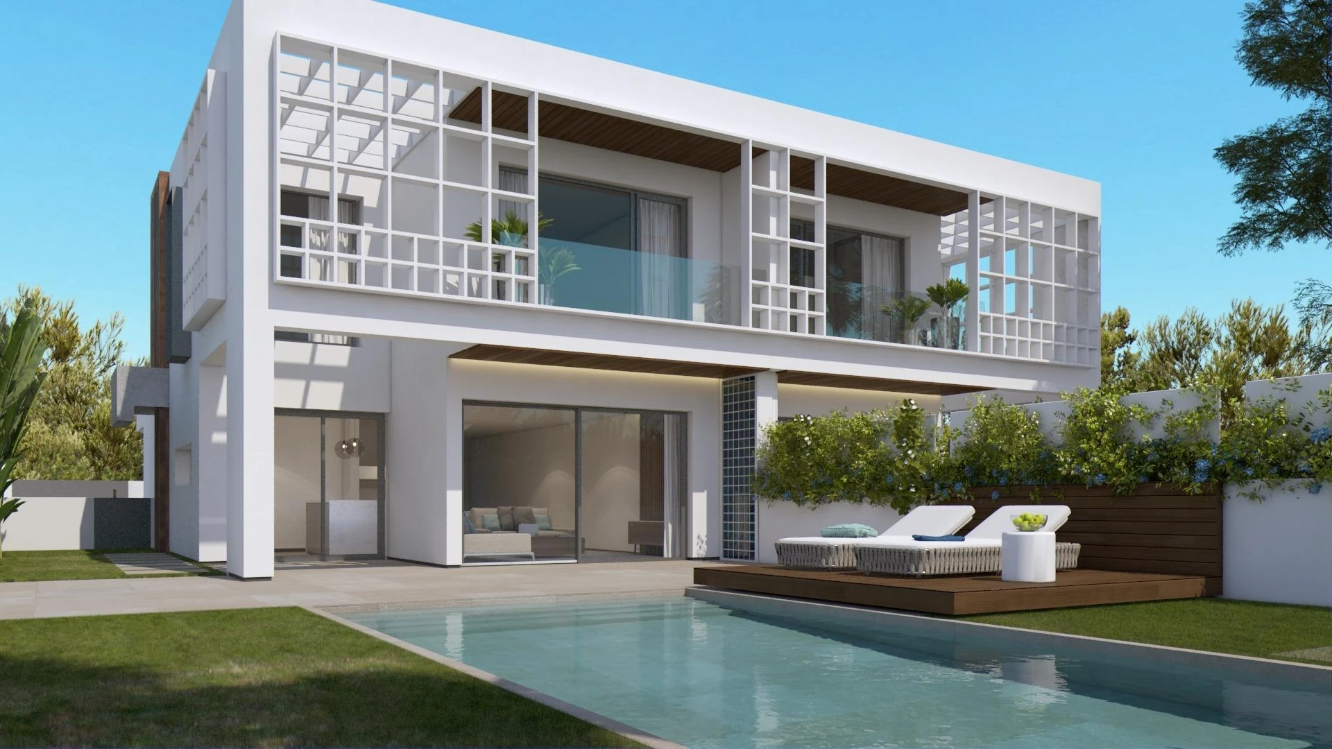 Nueva villa de diseño moderno en construcción con jardín y piscina cerca de playas en Puig d'en Ros