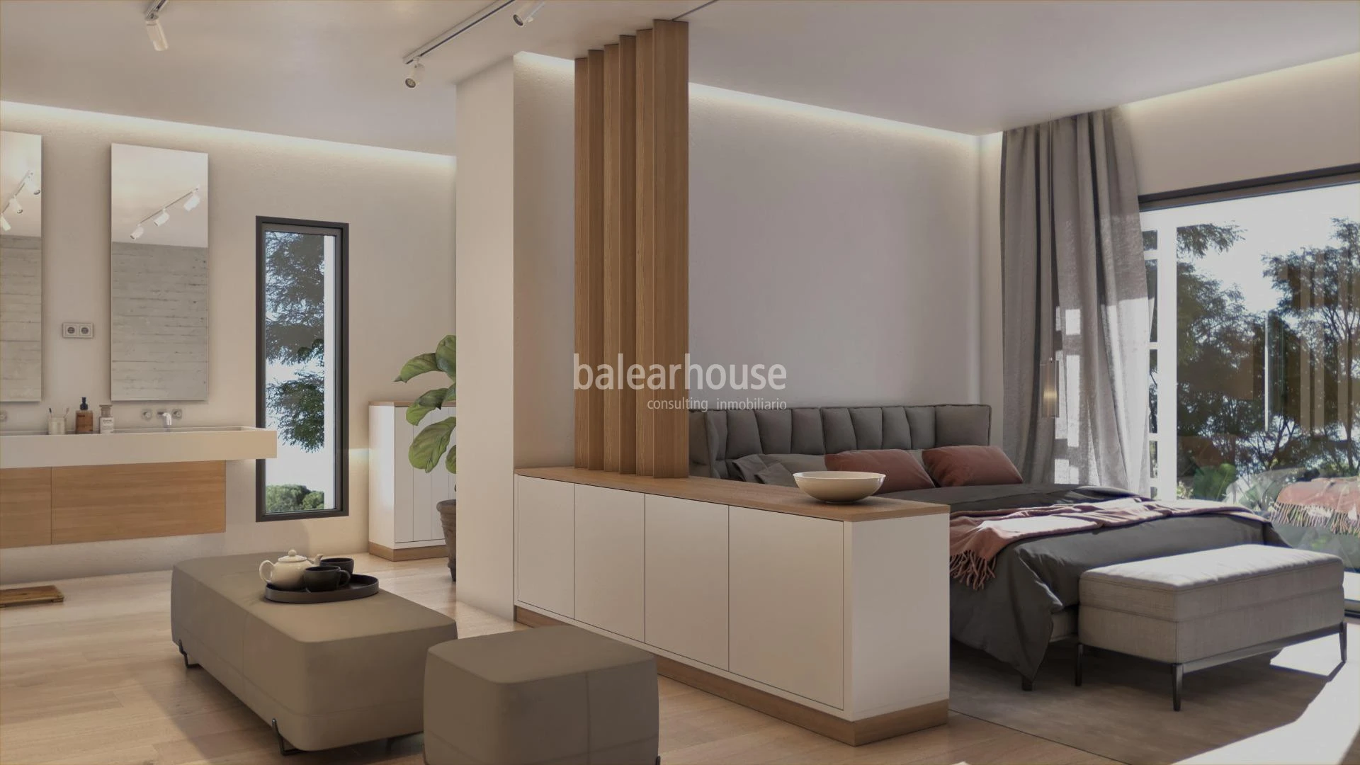 Nueva villa de diseño moderno en construcción con jardín y piscina cerca de playas en Puig d'en Ros