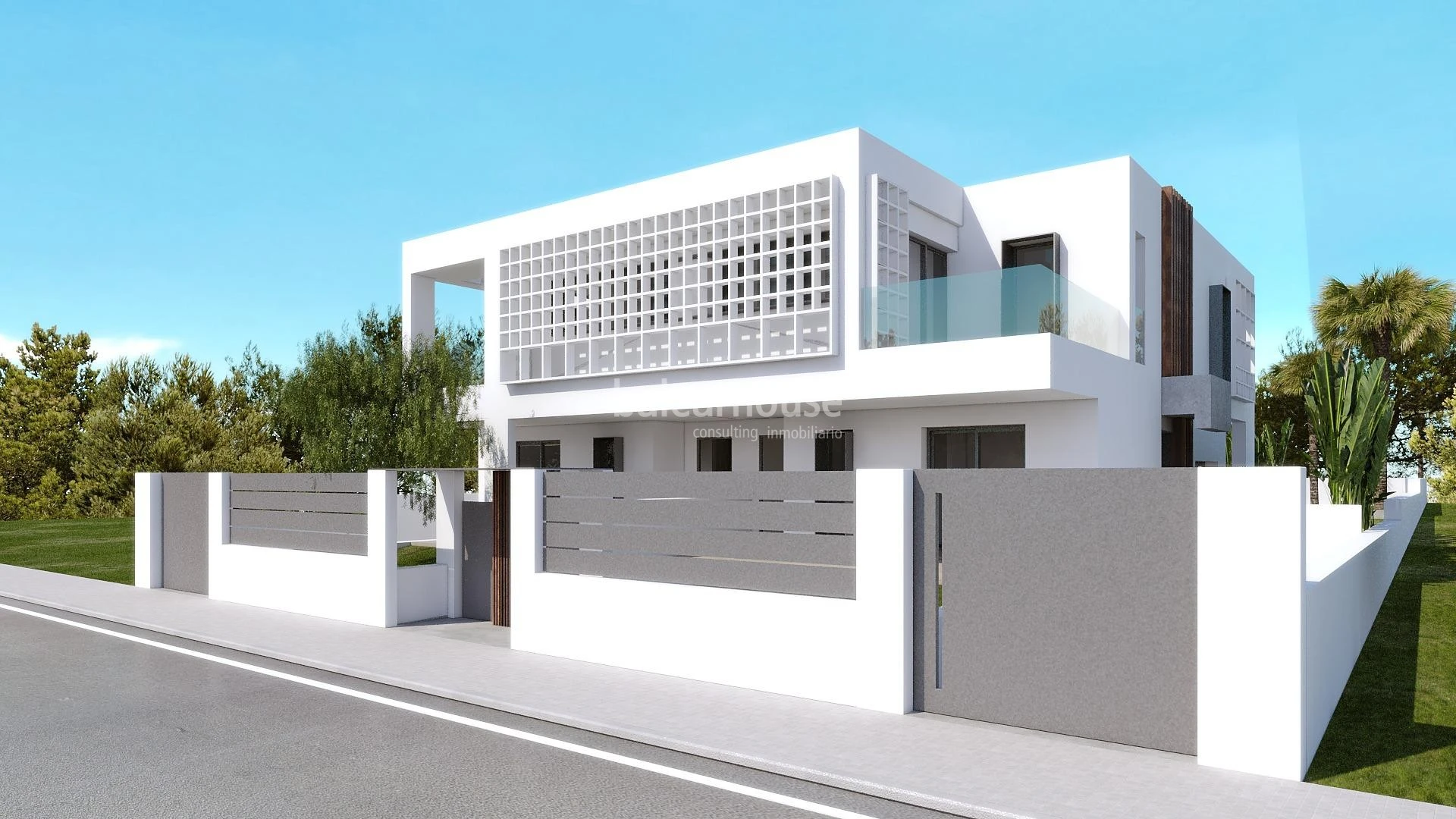 Nueva villa de diseño moderno en construcción con jardín y piscina cerca de playas en Puig d'en Ros