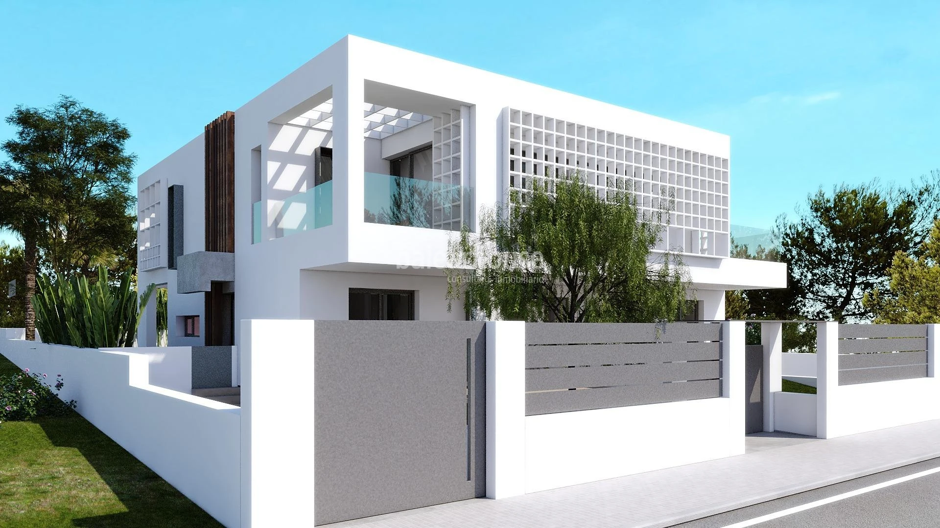 Nueva villa de diseño moderno en construcción con jardín y piscina cerca de playas en Puig d'en Ros