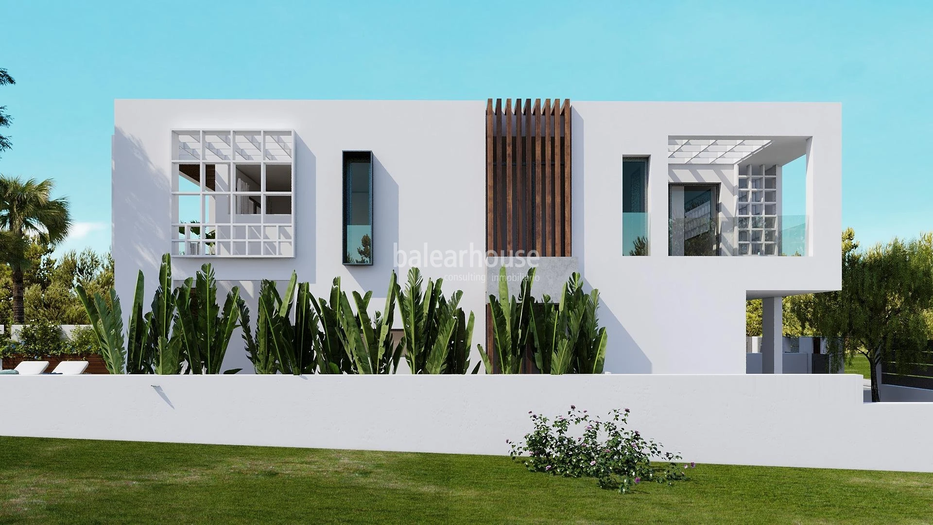 Nueva villa de diseño moderno en construcción con jardín y piscina cerca de playas en Puig d'en Ros