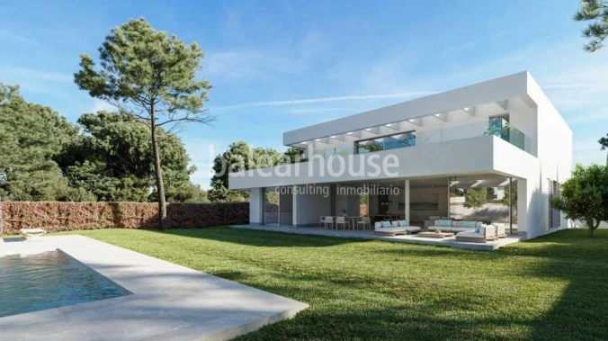 New contemporary villa in Sol de Mallorca with sea views, terraces and large garden with pool
