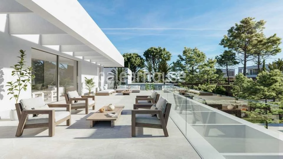 New contemporary villa in Sol de Mallorca with sea views, terraces and large garden with pool