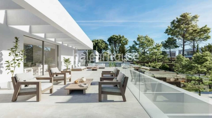 New contemporary villa in Sol de Mallorca with sea views, terraces and large garden with pool