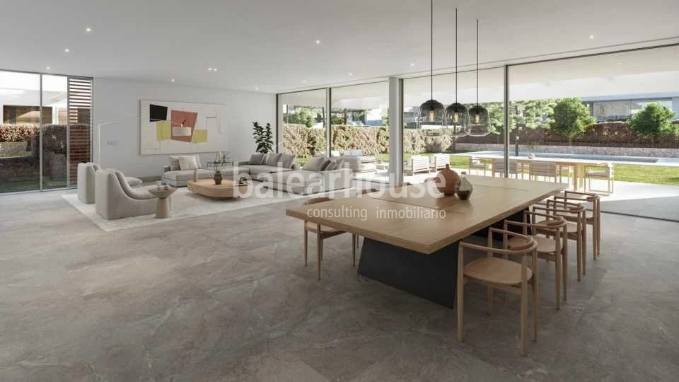 New contemporary villa in Sol de Mallorca with sea views, terraces and large garden with pool