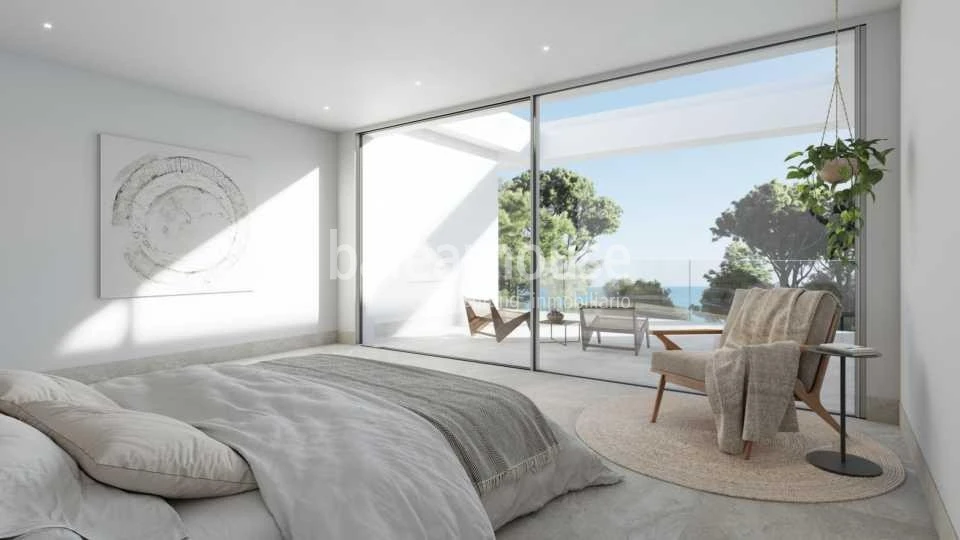 Neue moderne Villa in Sol de Mallorca mit Meerblick, Terrassen und großem Garten mit Pool