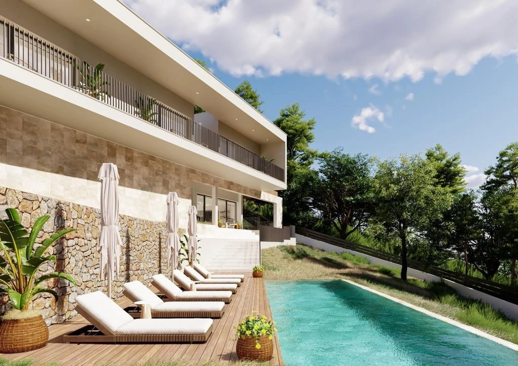 Moderna Neubauvilla mit großen Außenflächen und Bergblick in Santa Ponsa