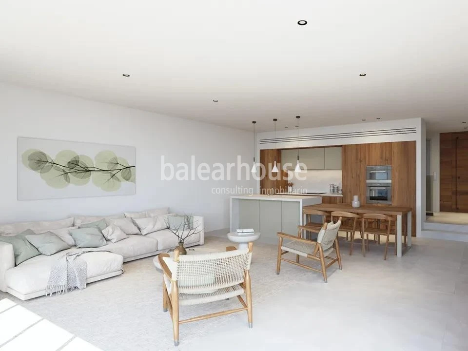 Moderna villa de obra nueva en Alcudia con vistas despejadas al mar, solarium, piscina y jardín
