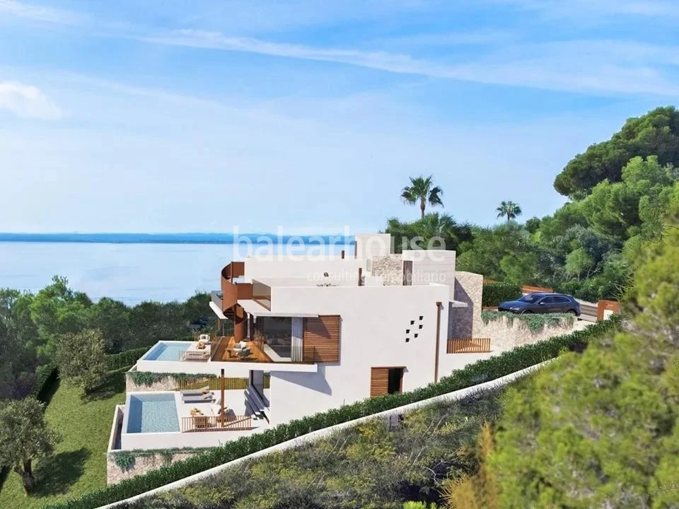 Moderna villa de obra nueva en Alcudia con vistas despejadas al mar, solarium, piscina y jardín