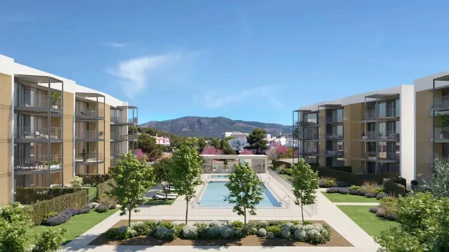 Moderna planta baja de obra nueva con terraza privada y piscinas cerca de playas en Palmanova