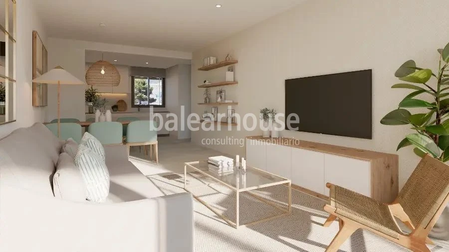 Moderna planta baja de obra nueva con terraza privada y piscinas cerca de playas en Palmanova
