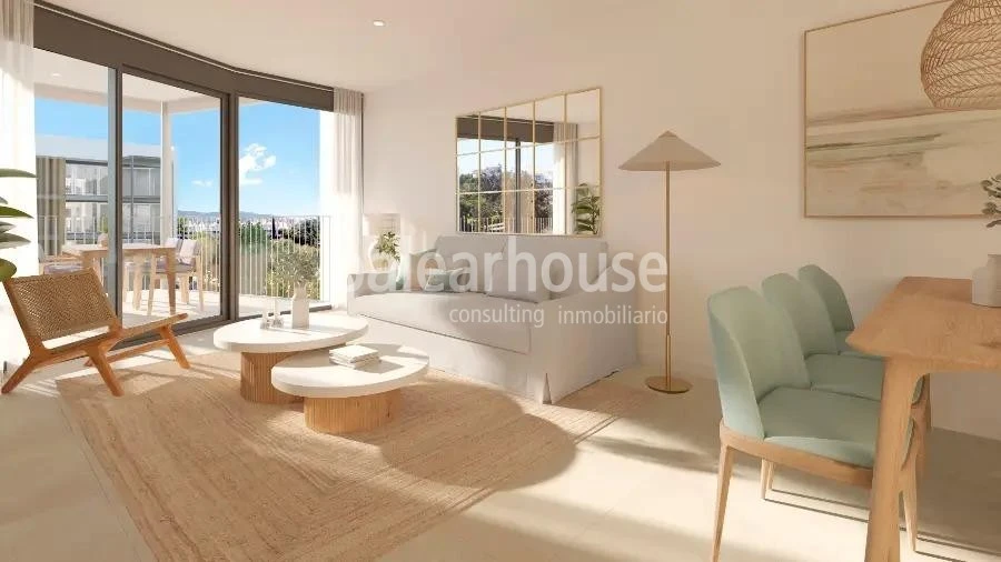 Moderna planta baja de obra nueva con terraza privada y piscinas cerca de playas en Palmanova