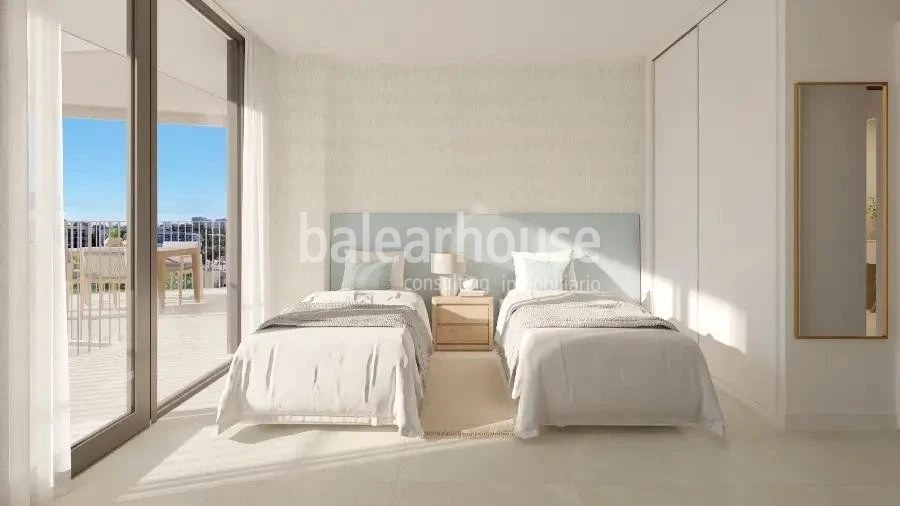 Moderna planta baja de obra nueva con terraza privada y piscinas cerca de playas en Palmanova