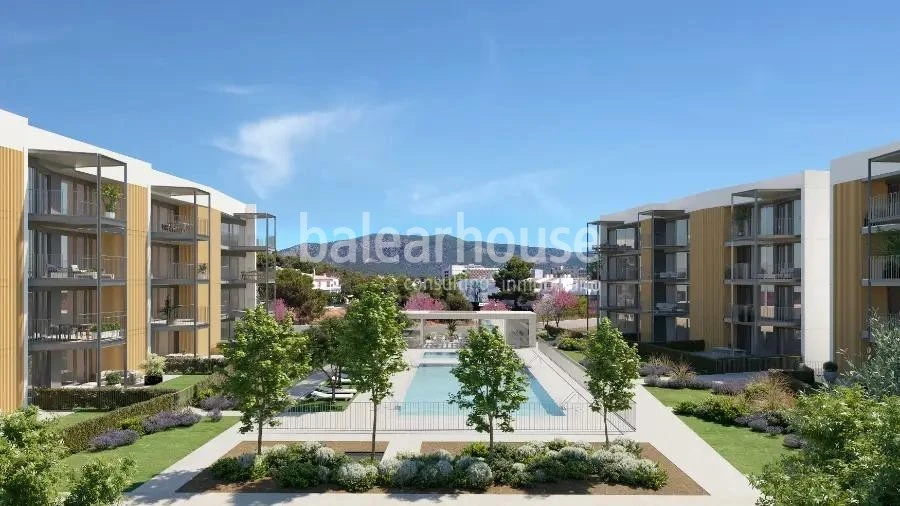 Moderna planta baja de obra nueva con terraza privada y piscinas cerca de playas en Palmanova