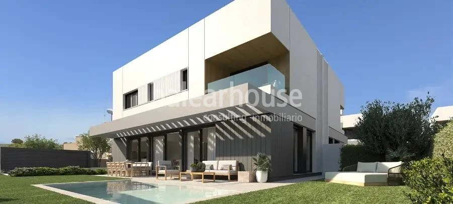 Modern new build houses in Puig de Ros with large terrace areas, garden and swimming pool.
