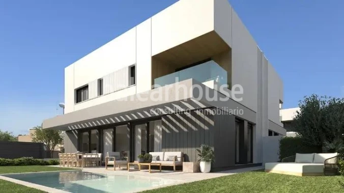 Modern new build houses in Puig de Ros with large terrace areas, garden and swimming pool.