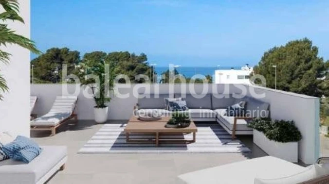 Modern new build houses in Puig de Ros with large terrace areas, garden and swimming pool.
