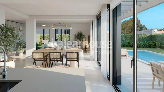 Modern new build houses in Puig de Ros with large terrace areas, garden and swimming pool.