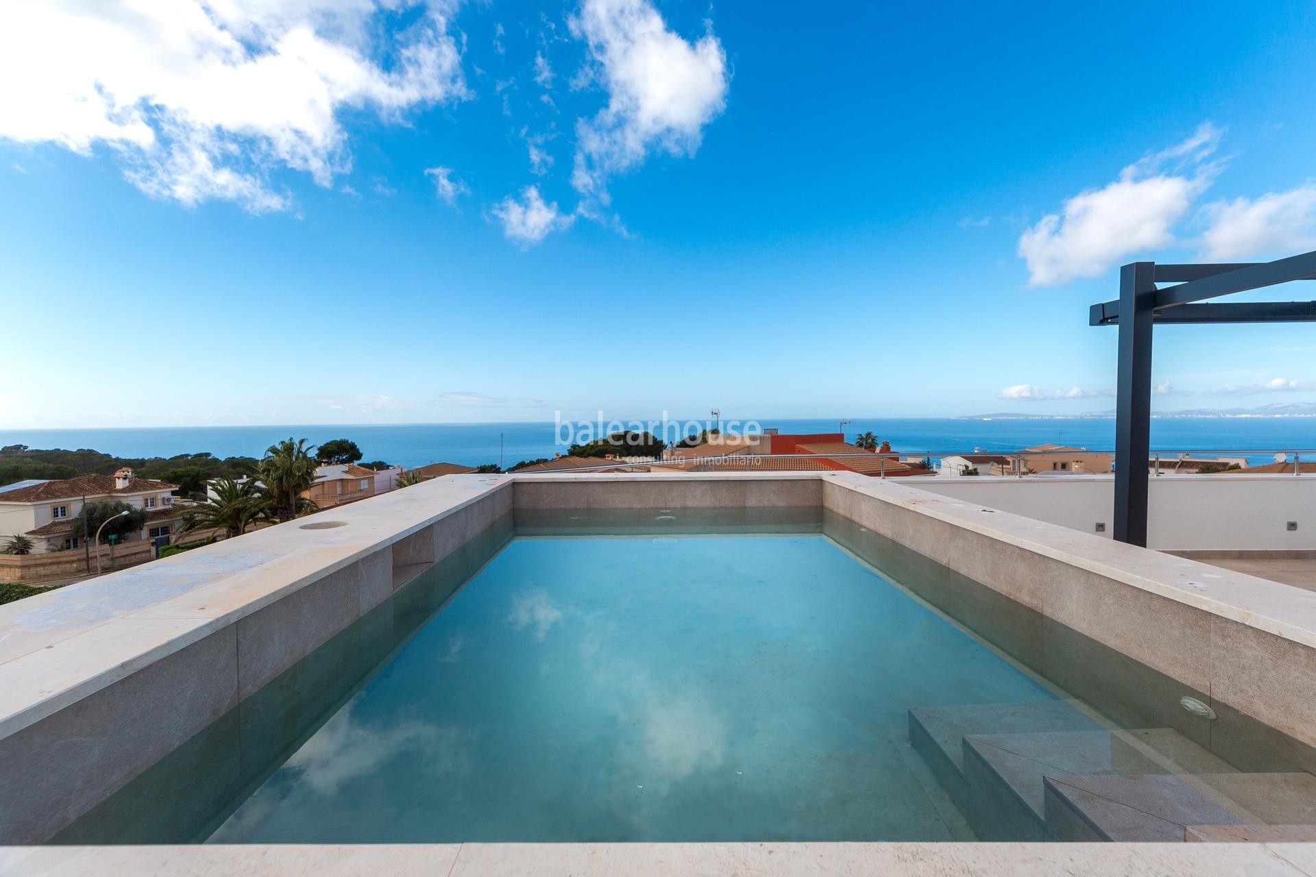Moderna south facing villa with swimming pools and sea views next to the beach in Badía Blava