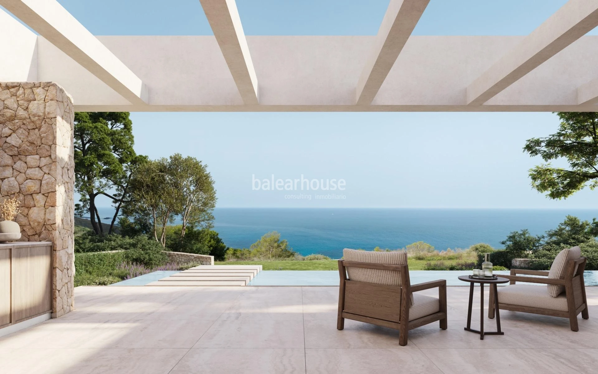 Außergewöhnlicher Meerblick von dieser neu erbauten Villa in erster Meereslinie, nur wenige Minuten von Palma entfernt.