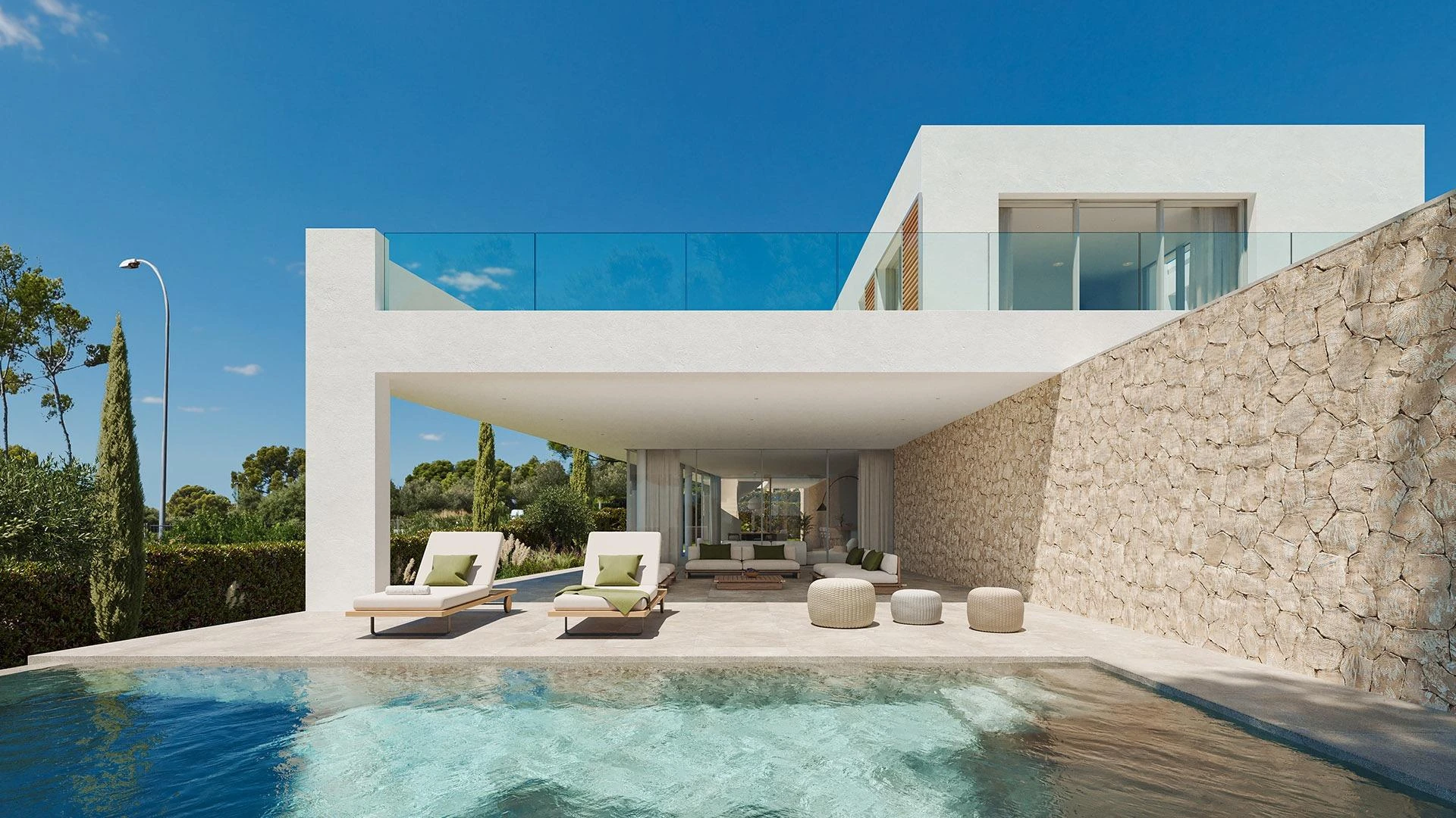 Nueva villa de diseño y altas calidades con jardín y piscina a pocos pasos del mar en Sol de Mallorca
