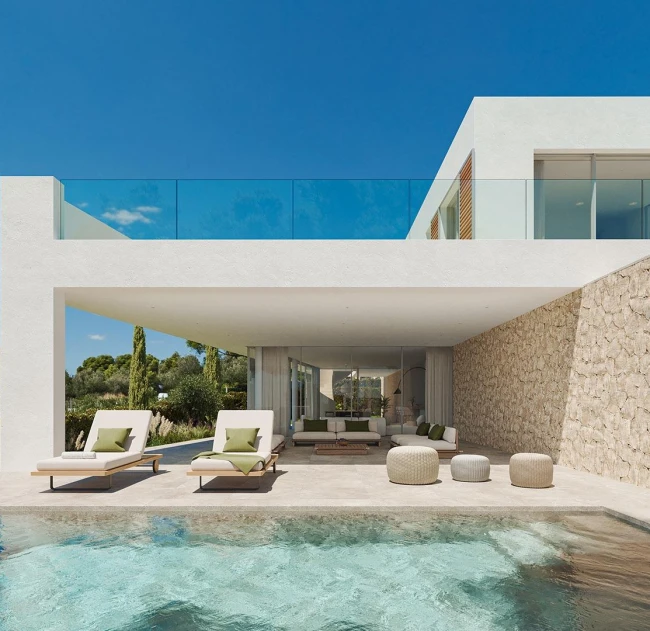 Nueva villa de diseño y altas calidades con jardín y piscina a pocos pasos del mar en Sol de Mallorca
